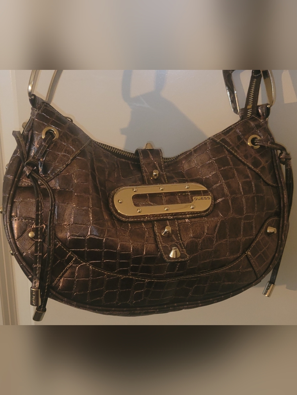 GUESS Brown Croc-Embossed Shoulder Bag with Gold Accents